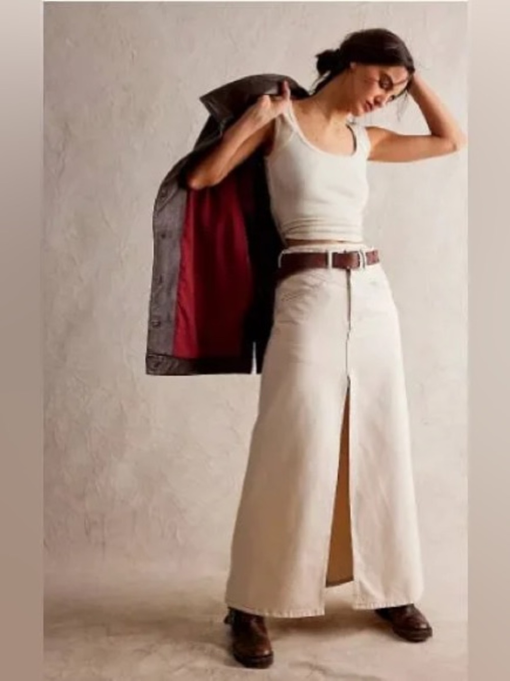 We The Free Cream High-Rise Maxi Skirt with Center Slit